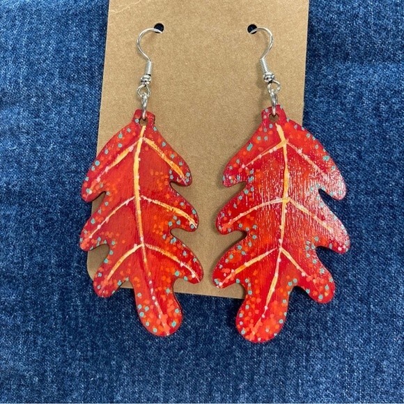 Hand Painted Fall Wooden Leaf Earrings Handmade Orange Fish Hook Autumn Witchy - Picture 1 of 5